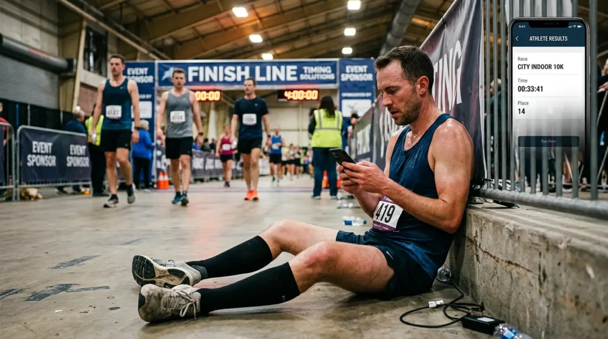 Athlete checking HYROX results on smartphone after finishing a race