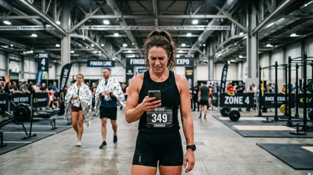 Athlete looking confused at HYROX results on smartphone after race
