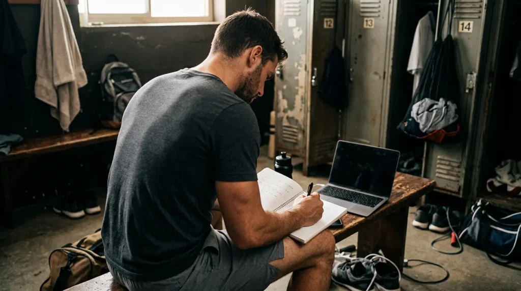 Athlete analyzing HYROX results split times and rankings on a laptop after race
