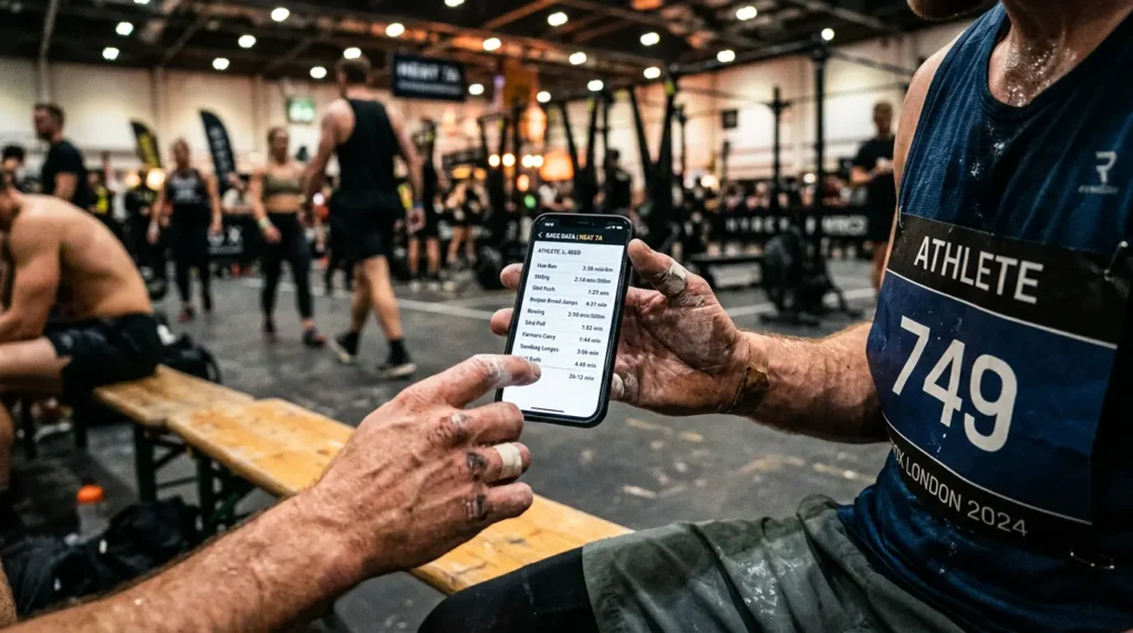 Athlete reviewing HYROX results split times on smartphone screen after race
