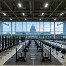 HYROX DC 2026 race venue setup with Washington D.C. Capitol view in the background