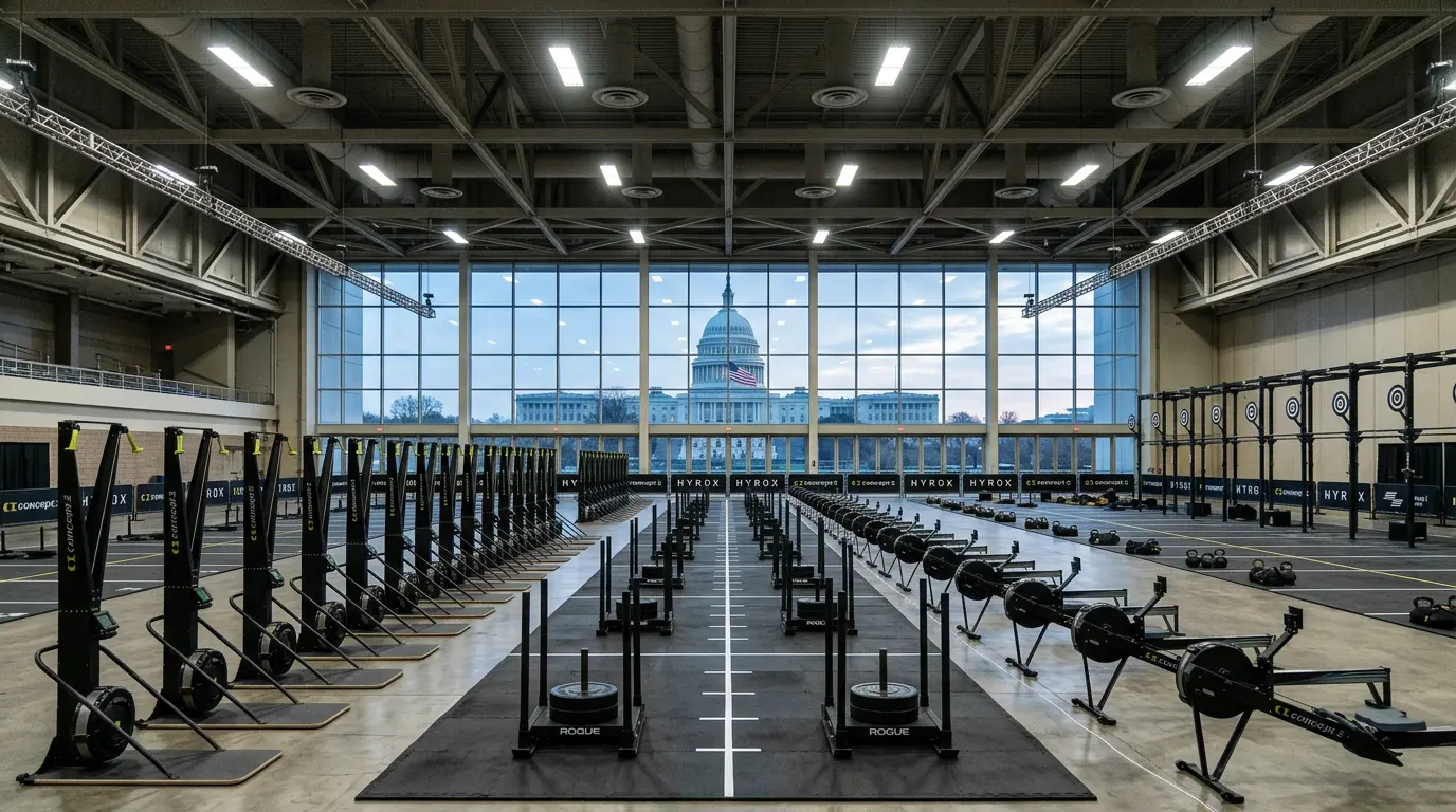 HYROX DC 2026 race venue setup with Washington D.C. Capitol view in the background
