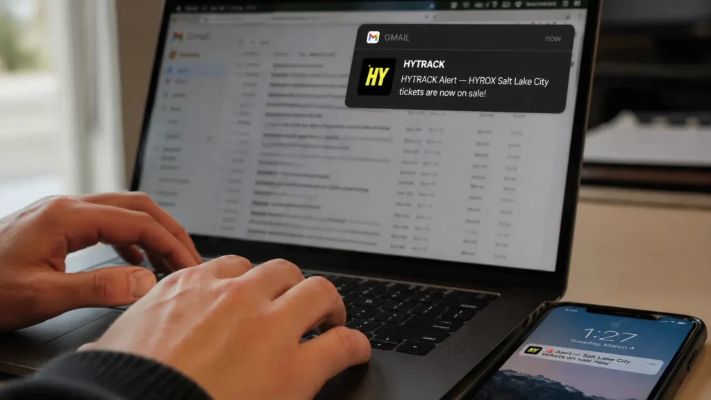 HYTRACK HYROX ticket alert notification on laptop Gmail and iPhone for Salt Lake City 2026