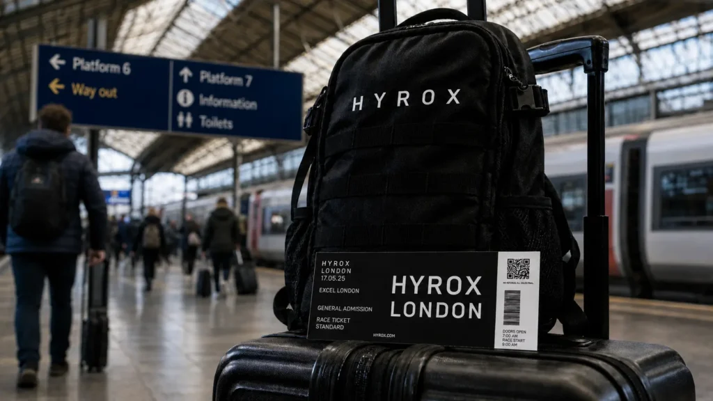 HYROX London 2026 race ticket and branded backpack at a London train station on race day