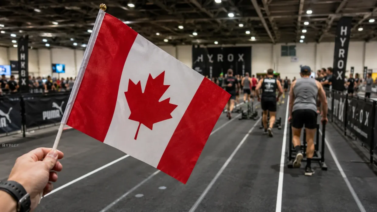 HYROX Canada 2026 — Canadian flag with HYROX race venue in background