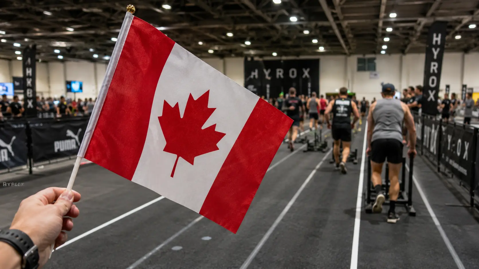HYROX Canada 2026 — Canadian flag with HYROX race venue in background