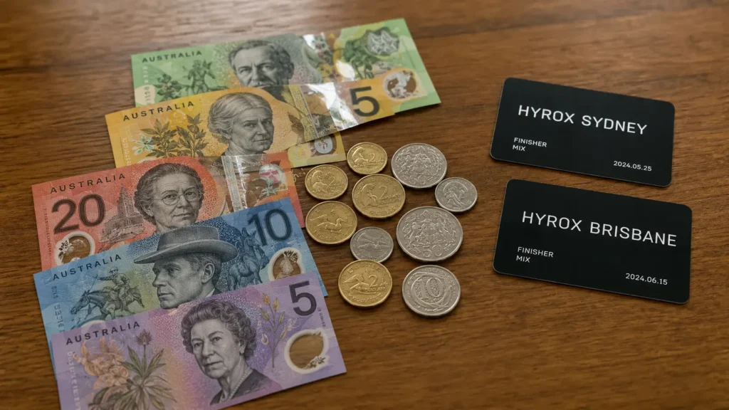 Australian dollars and HYROX Sydney and Brisbane finisher cards — understanding the real HYROX cost in Australia starts with more than the entry fee
