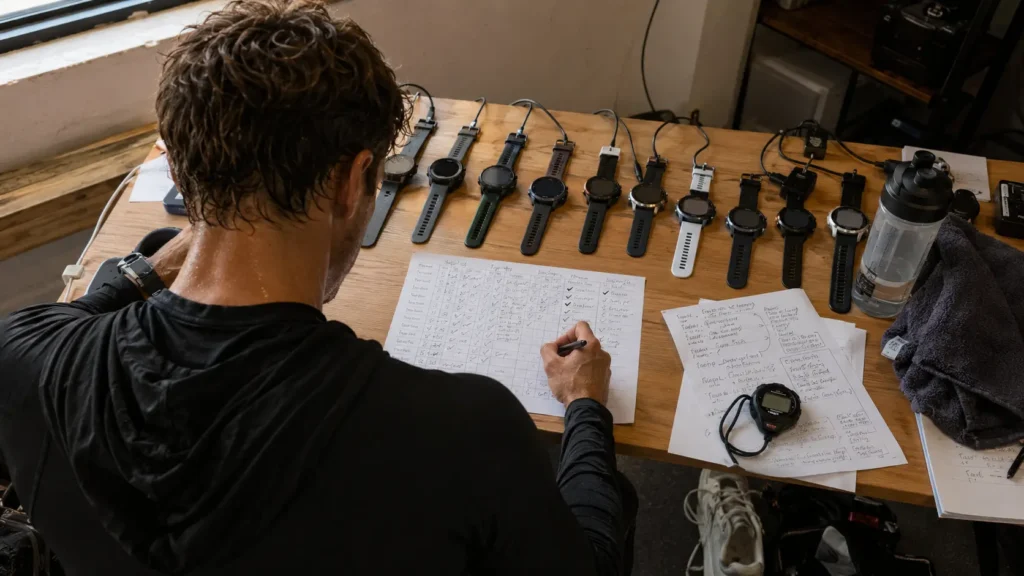 Athlete comparing multiple GPS sports watches for HYROX training and race day selection