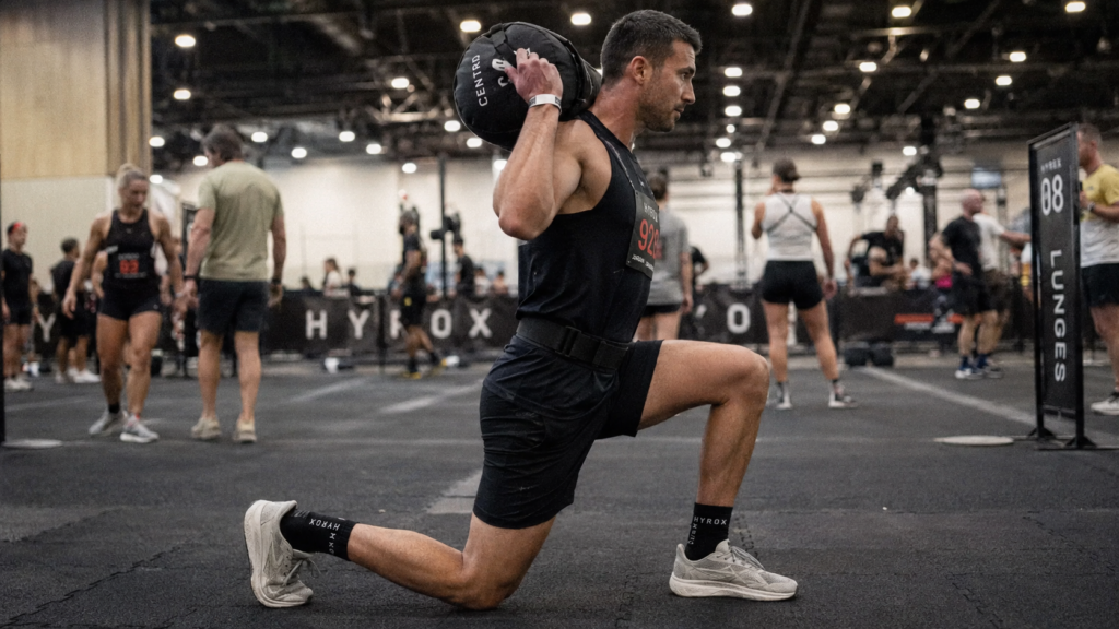 Male HYROX athlete wearing a lifting belt for HYROX during the sandbag lunges station at an indoor race