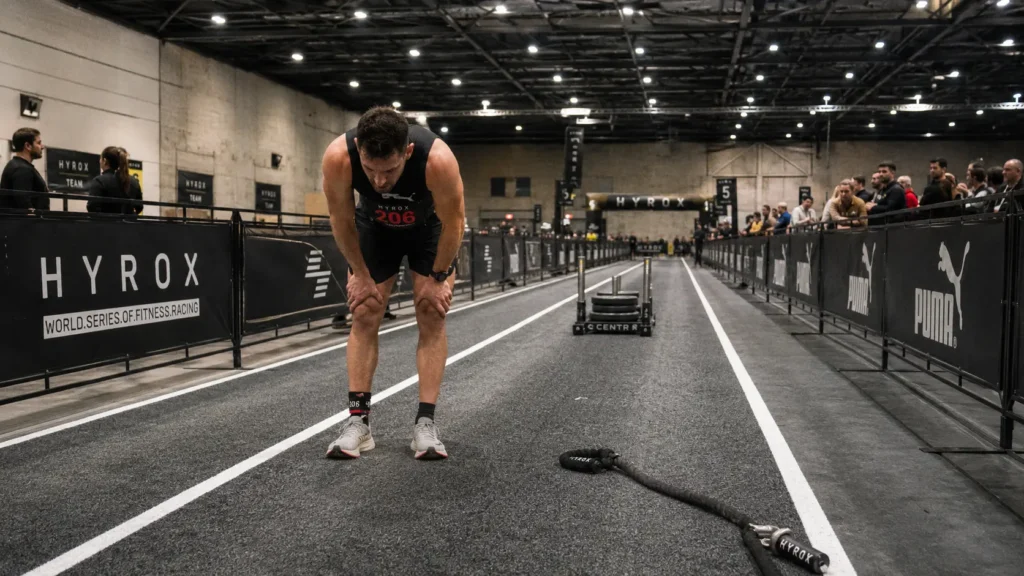 HYROX athlete in transition between sled push and sled pull recovering before gripping the rope