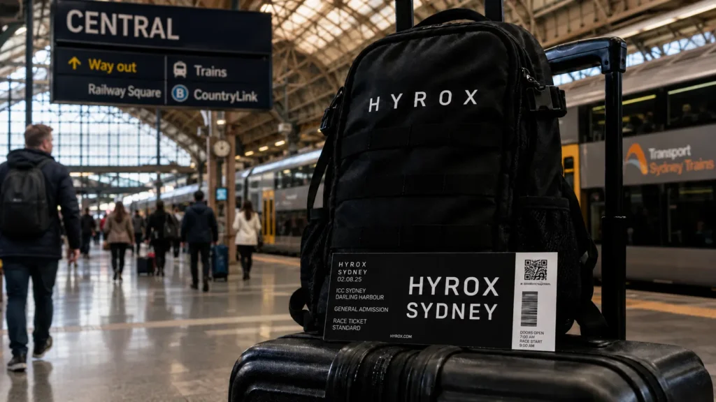 HYROX backpack and Sydney race ticket at Central Station — travel is the biggest variable in your total HYROX cost in Australia