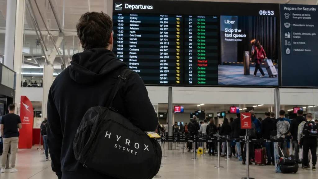Athlete seen from behind at Australian airport departures board — domestic flights are the biggest hidden variable in HYROX cost in Australia