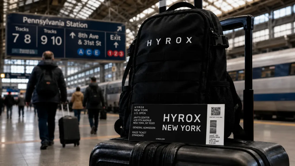 Athlete travel gear and HYROX New York race ticket at Pennsylvania Station New York