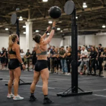 HYROX doubles strategy at Wall Balls — one athlete throws while their partner recovers beside them at the same station