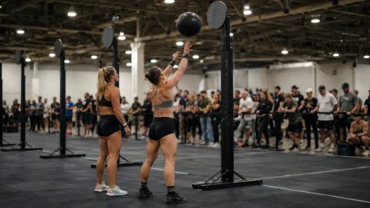 HYROX doubles strategy at Wall Balls — one athlete throws while their partner recovers beside them at the same station