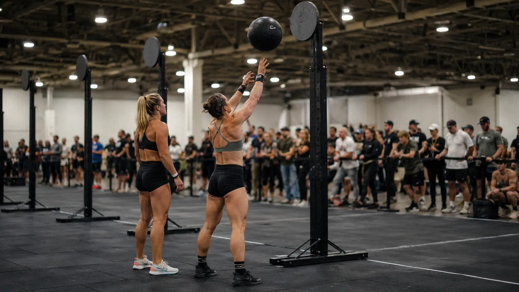 HYROX doubles strategy at Wall Balls — one athlete throws while their partner recovers beside them at the same station