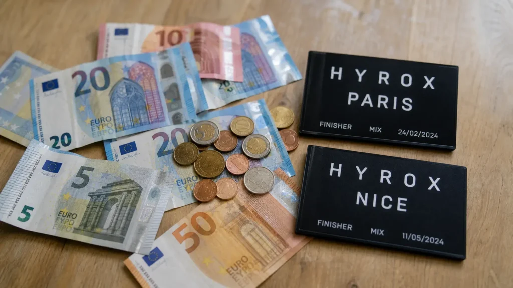HYROX cost in France shown with euro banknotes and HYROX Paris and Nice finisher medals on a wooden table
