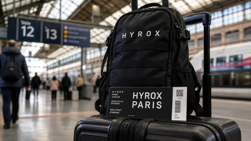 HYROX cost in France travel expenses — HYROX Paris race ticket and branded backpack on a suitcase at a French train station