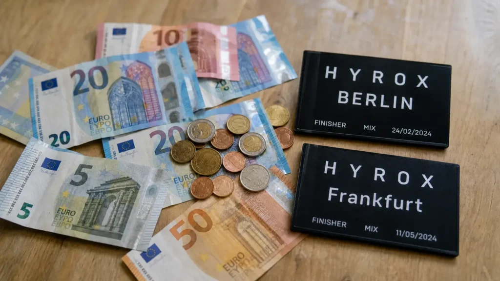 HYROX cost in Germany — euro banknotes and HYROX Berlin and Frankfurt finisher medals on a wooden table