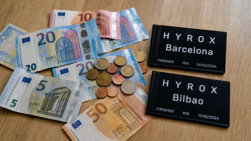 HYROX cost in Spain — HYROX Barcelona venue entrance at Fira Barcelona with Spanish flag and athletes arriving on race day