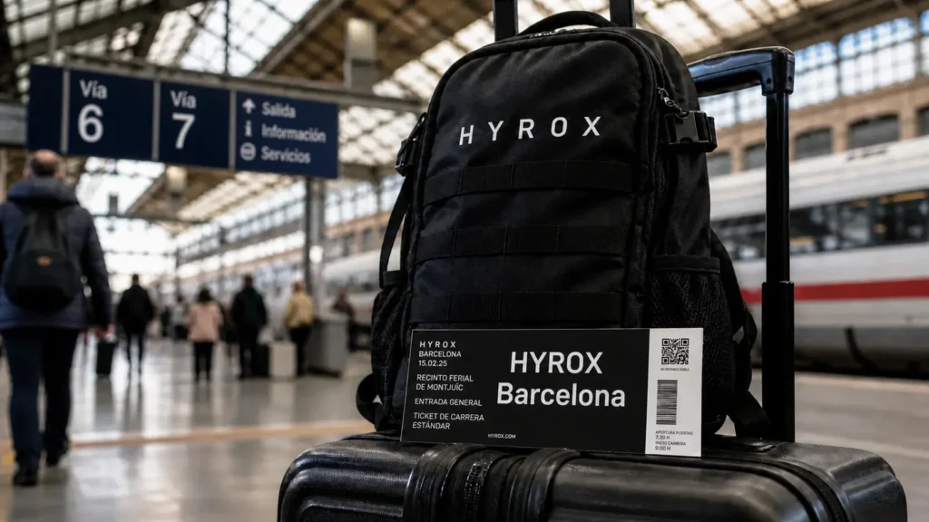 HYROX cost in Spain travel expenses — HYROX Barcelona race ticket and branded backpack on a suitcase at a Spanish train station