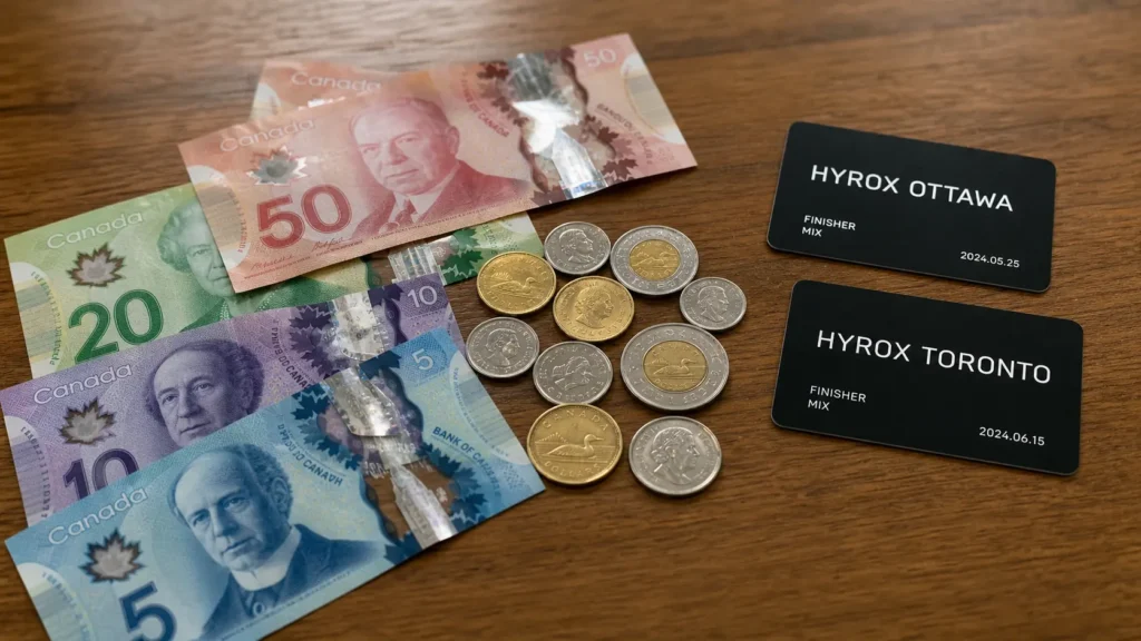 HYROX cost in Canada — Canadian dollar banknotes and coins with HYROX Ottawa and Toronto finisher medals on a wooden table