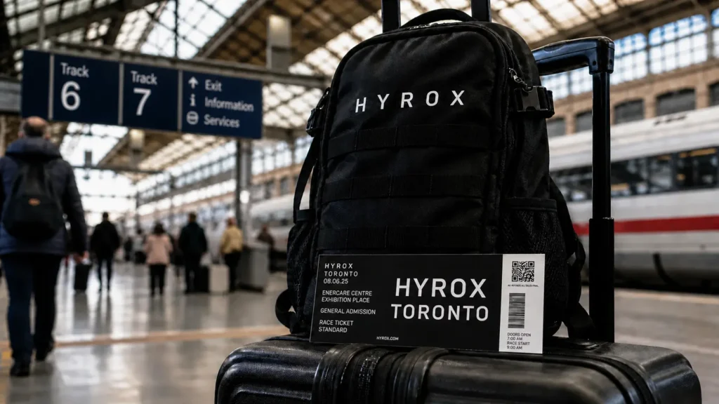 HYROX cost in Canada travel expenses — HYROX Toronto race ticket and branded backpack on a suitcase at a Canadian train station