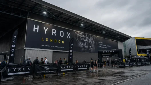 HYROX London 2026 — athletes queuing at the ExCeL London venue entrance on race day, HYROX London signage visible