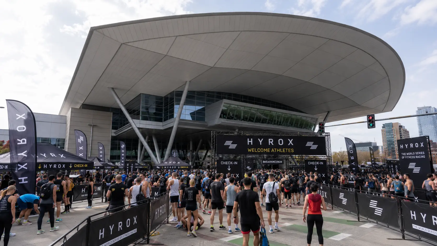 HYROX Boston 2026 athletes checking in outside the Boston Convention and Exhibition Center