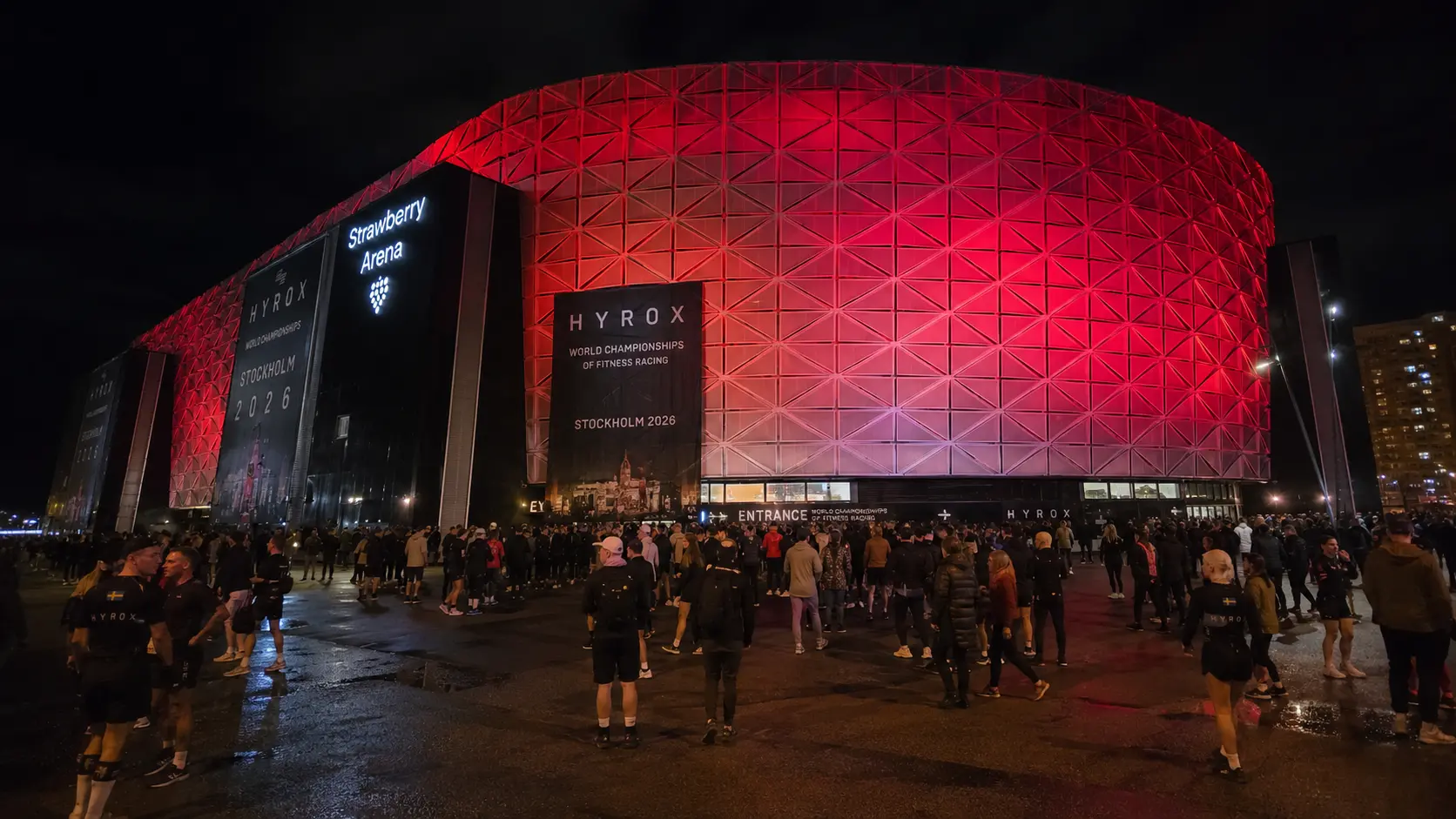 Strawberry Arena Stockholm at night — venue for HYROX Stockholm 2026 World Championships