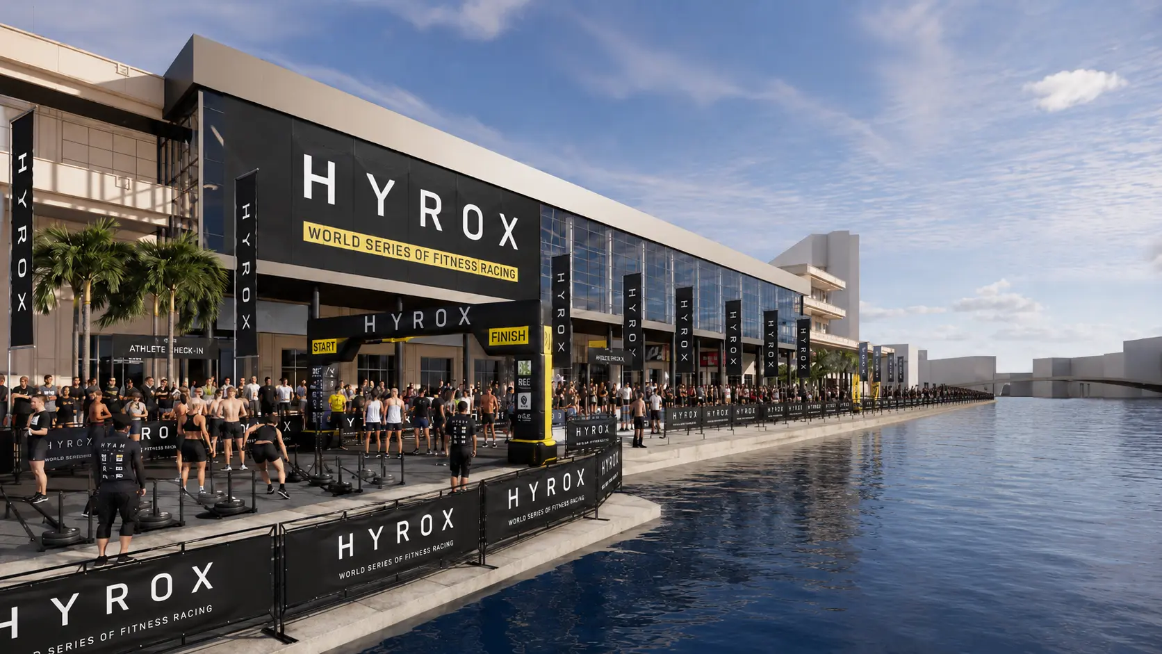 HYROX Tampa 2026 at the Tampa Convention Center waterfront — athlete check-in area and race venue exterior