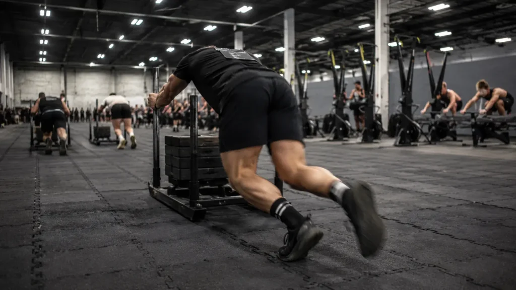 HYROX sled push weight difference between Open and Pro division — athlete pushing heavy sled during a HYROX race