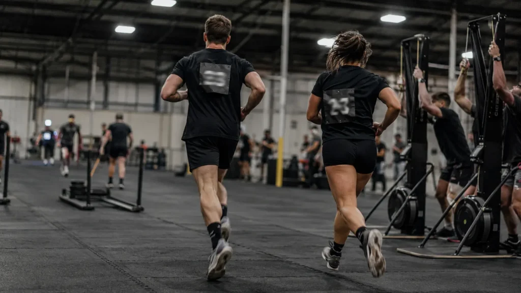 HYROX Doubles division — male and female athlete racing together as a mixed doubles pair