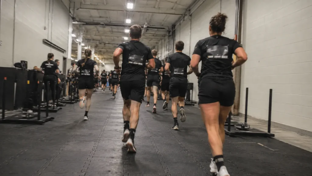HYROX Open division athletes finishing a race — choosing the right HYROX division leads to a better race experience