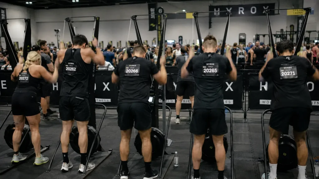 Athletes training on the skierg station during a HYROX race, rear view