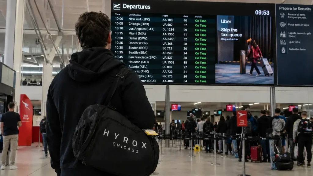 Traveler with a HYROX Chicago duffel bag at the airport heading to the race