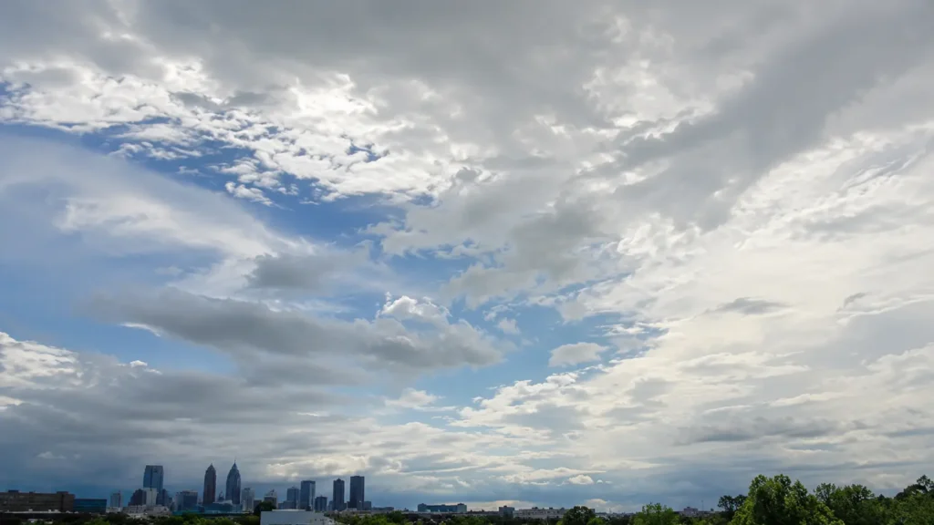 Cloudy sky over a city skyline near Atlanta, weather ahead of HYROX Atlanta 2027