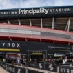 Principality Stadium entrance in Cardiff during HYROX, with athlete and spectator entrances marked