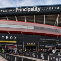 Principality Stadium entrance in Cardiff during HYROX, with athlete and spectator entrances marked