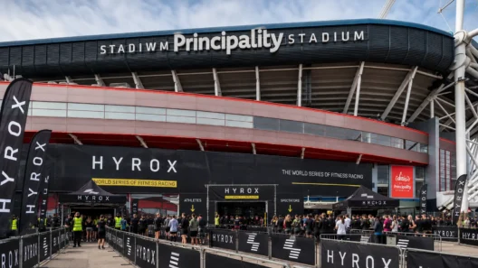 Principality Stadium entrance in Cardiff during HYROX, with athlete and spectator entrances marked