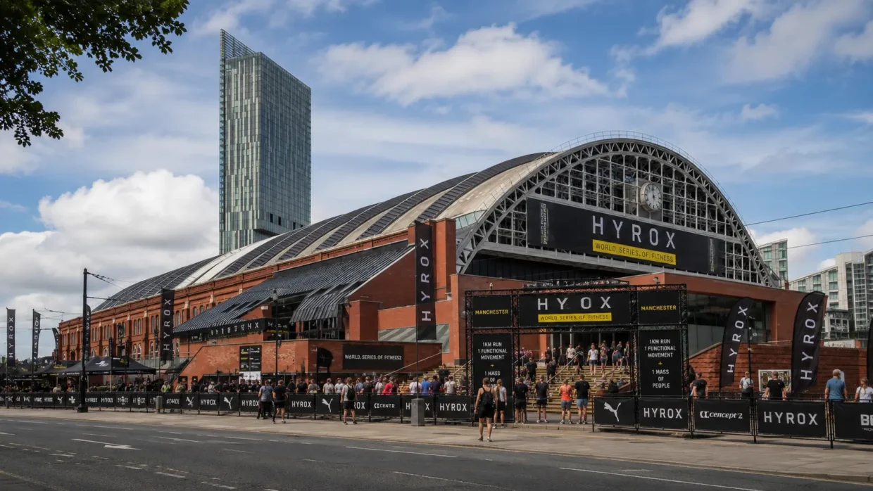 Manchester Central Convention Complex entrance during HYROX Manchester, with the Beetham Tower in the background