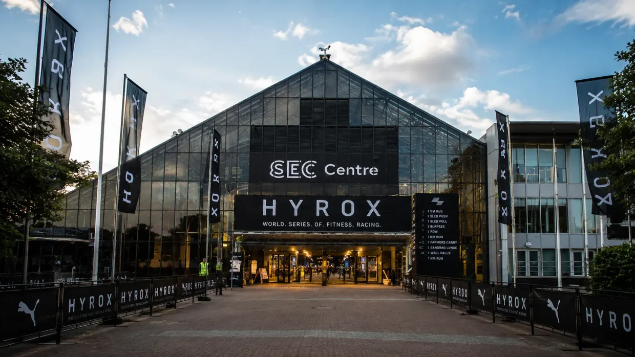 Scottish Event Campus (SEC) entrance at dusk during HYROX Glasgow