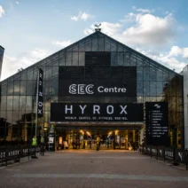 Scottish Event Campus (SEC) entrance at dusk during HYROX Glasgow