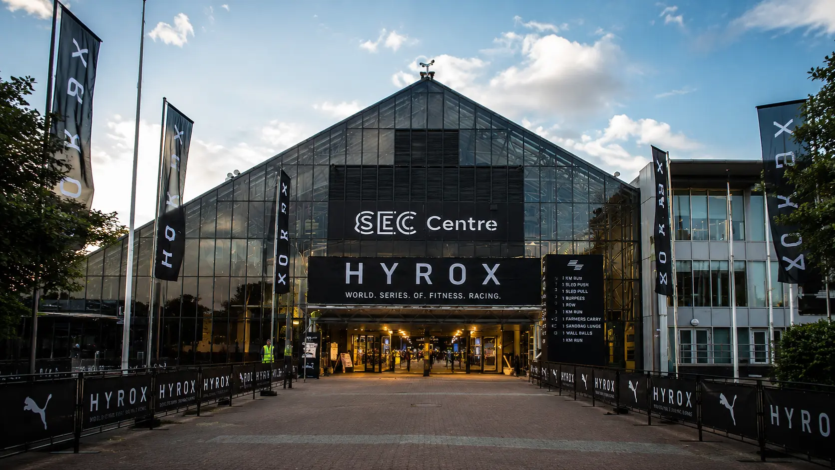 Scottish Event Campus (SEC) entrance at dusk during HYROX Glasgow