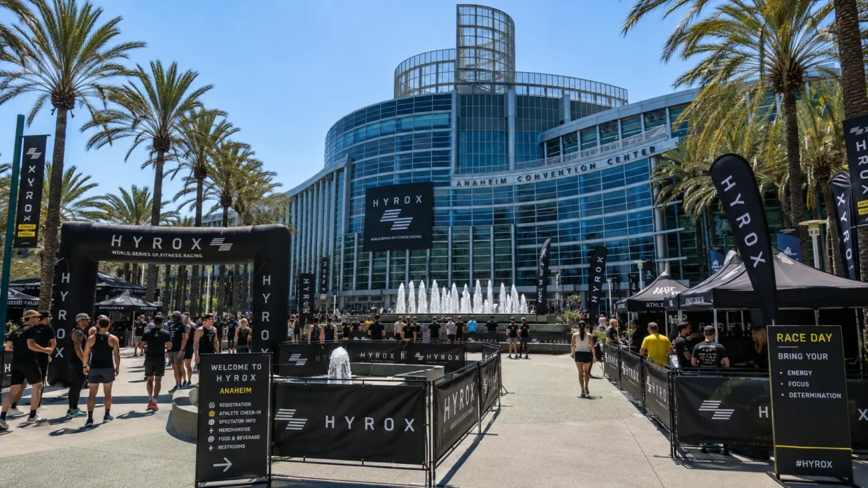 Athletes gathered outside the Anaheim Convention Center for HYROX Anaheim, palm-lined plaza entrance