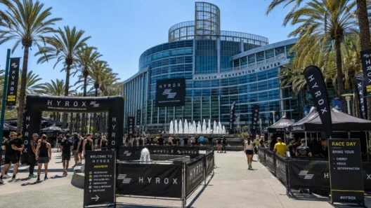 Athletes gathered outside the Anaheim Convention Center for HYROX Anaheim, palm-lined plaza entrance
