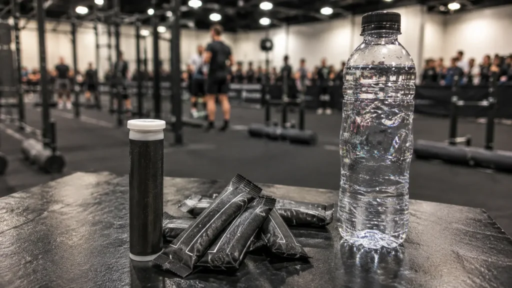 Water bottle and electrolyte supplement packets on a table at a HYROX training venue