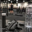 HYROX electrolytes tablets and sachets next to a water bottle during indoor training