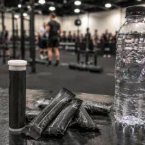 HYROX electrolytes tablets and sachets next to a water bottle during indoor training