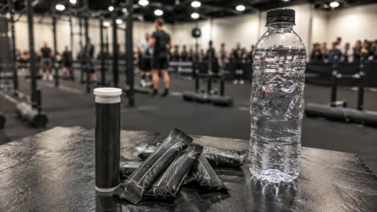 HYROX electrolytes tablets and sachets next to a water bottle during indoor training